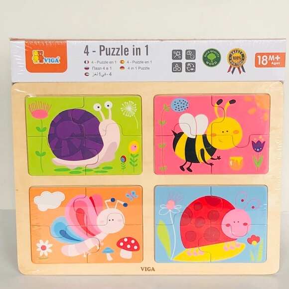 VIGA 4-in-1 Flat Wooden Puzzle w/Tray -Insects New Sealed For Age 18 Months+ - Picture 9 of 13